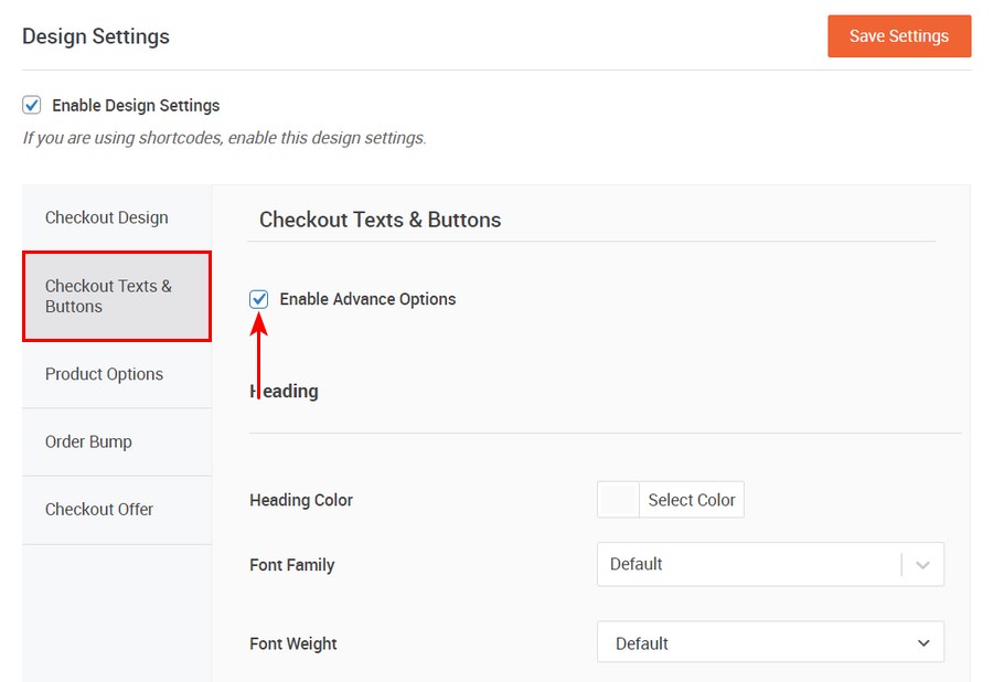 Design settings checkout texts and buttons