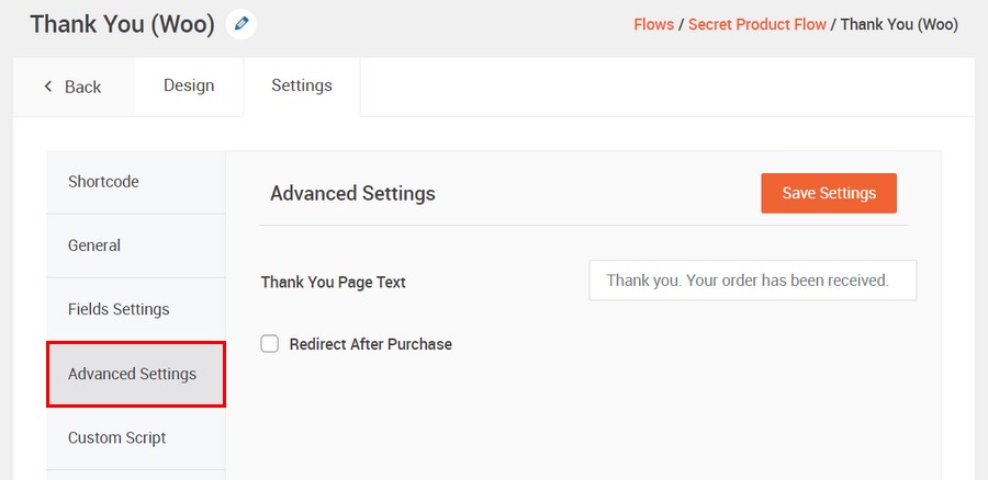 Thank you page advanced setting