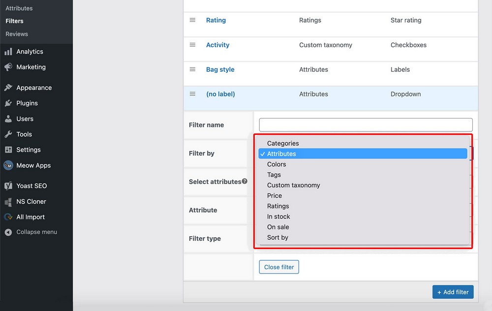 filters by different product data types