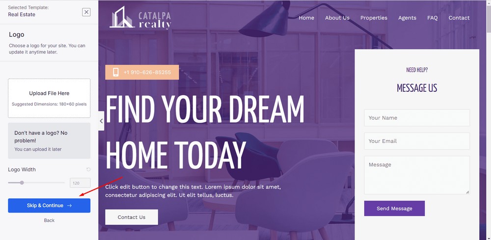 upload your website logo and hit the "skip and continue" button