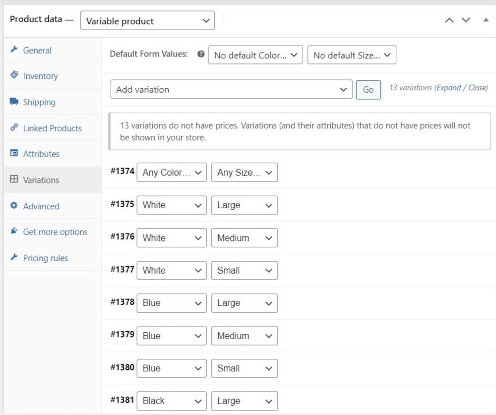 Adding variations to a variable product