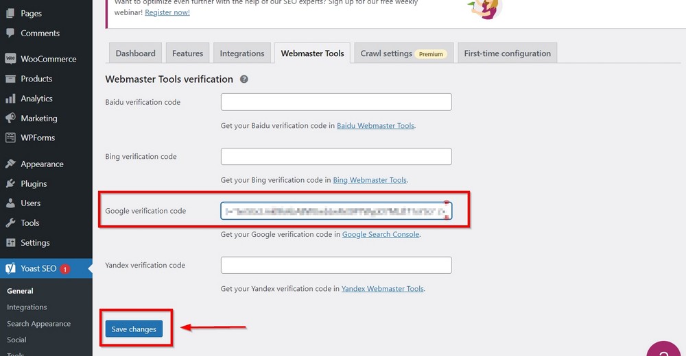 google verification code yoast