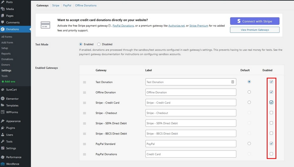 Select the Payment Gateways tab