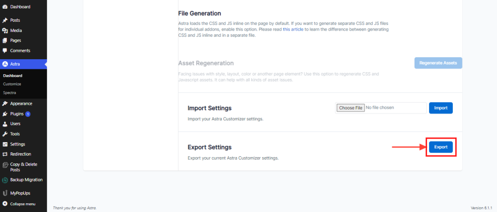 Astra export settings