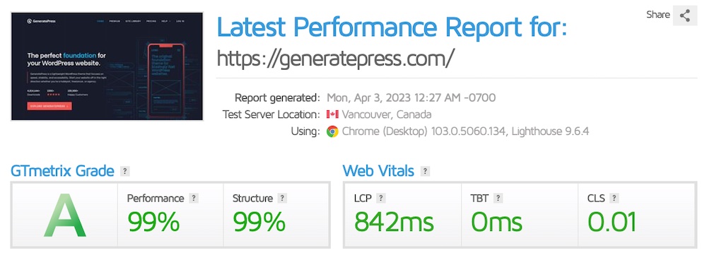 GTmetrix grade for GeneratePress