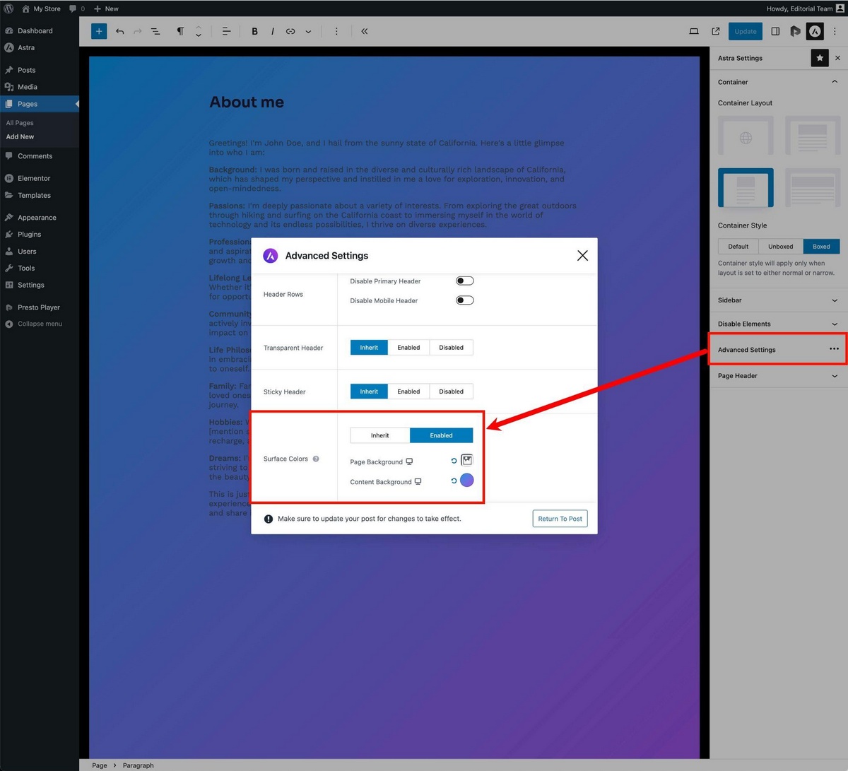 Surface colors per page