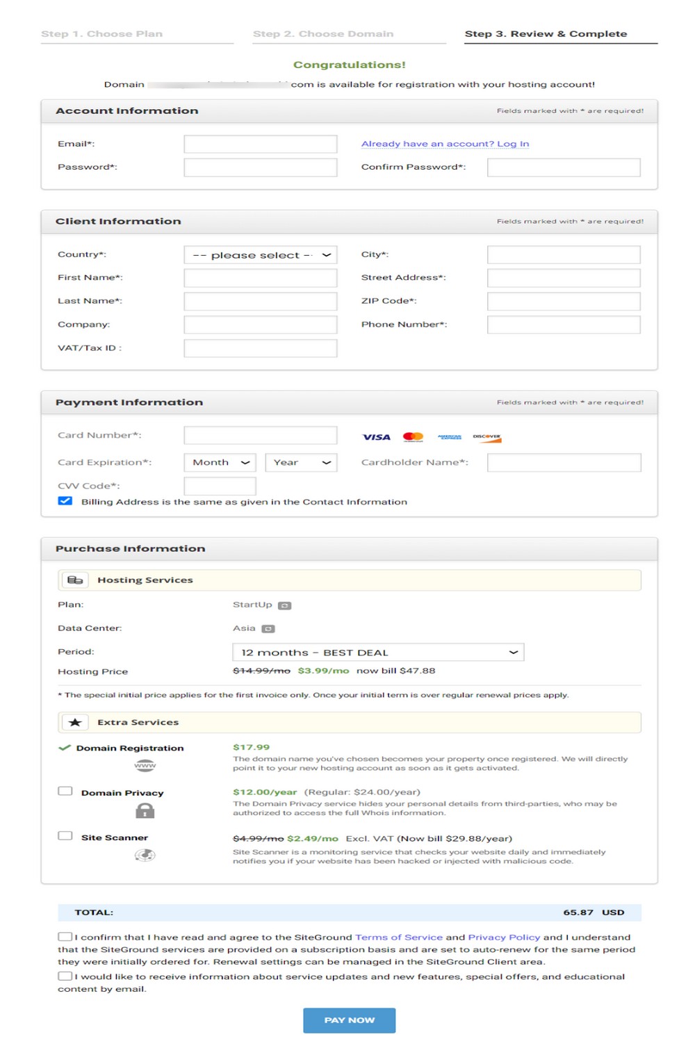 SiteGround checkout process